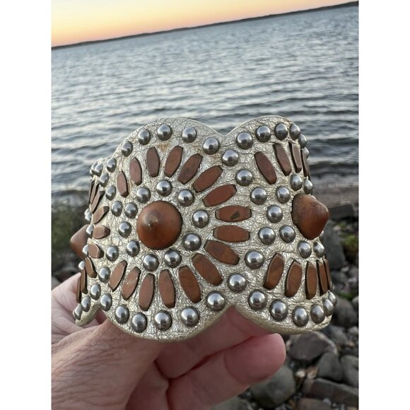 Vintage Y2K Calleen Cordero cream leather studded buckle bracelet boho aztec - Picture 1 of 9